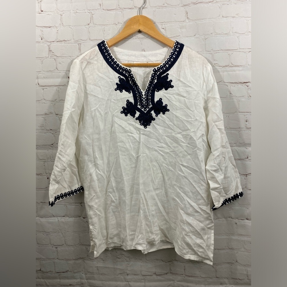 Symple NYC Tunic Womens Size Large White Linen Navy Blue Detail Boho Blouse Top